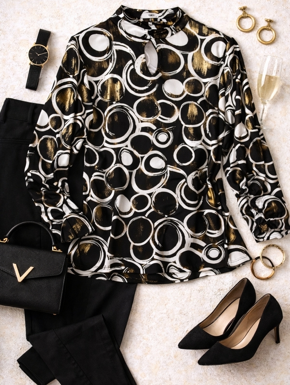 Laura Plus Black White Gold Abstract Blouse Keyhole Neck Stretch Top 1X